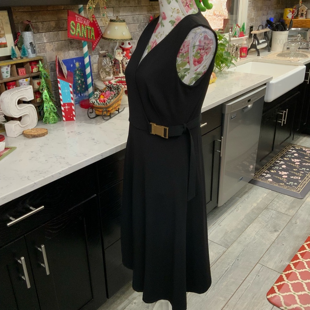 Calvin Klein Elegant Black Fit & Flare Dress Size 6 Side Buckle Quiet Luxury New - Picture 4 of 15